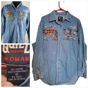 Vintage Quizz Shirt Denim Zoo Noah ark animal print teacher Embroidery size 18